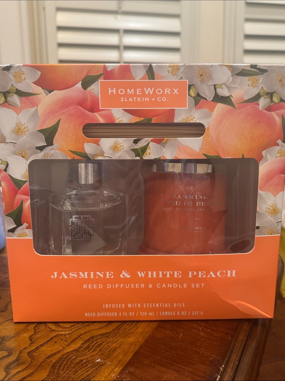 HomeWorx Jasmine & White Peach Reed Diffuser and Candle Set
